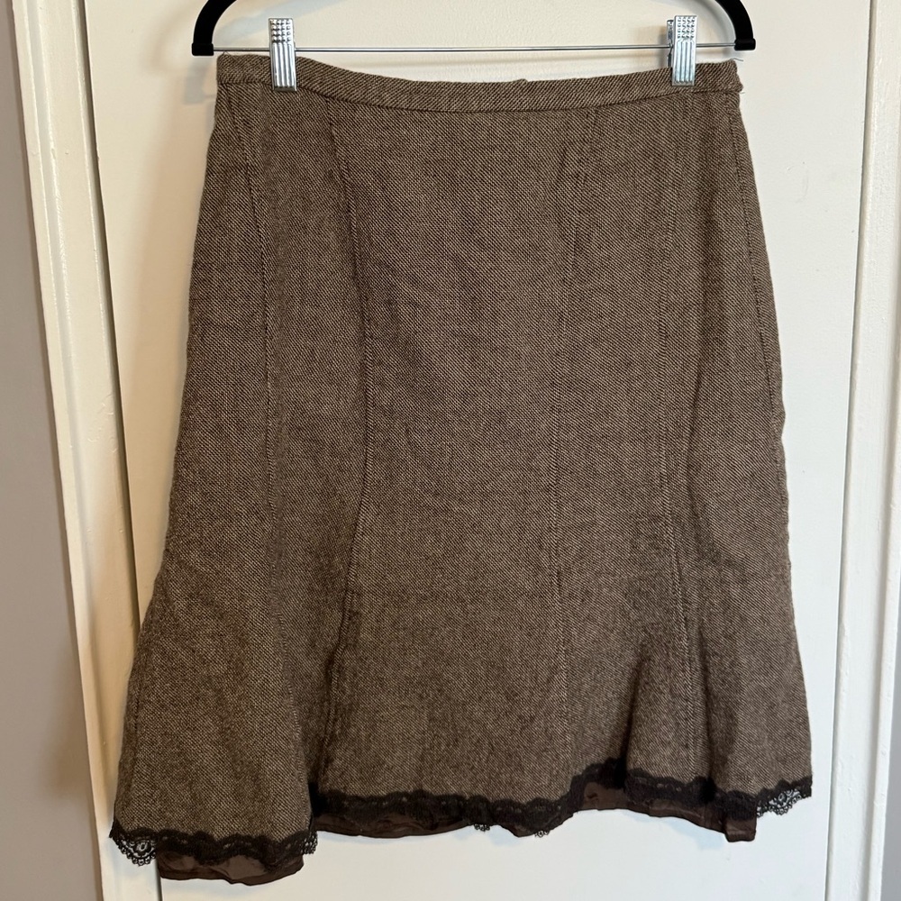 Conrad C Brown Wool Tweed A-Line Skirt w Lace Hem | Size 14 - Picture 6 of 7